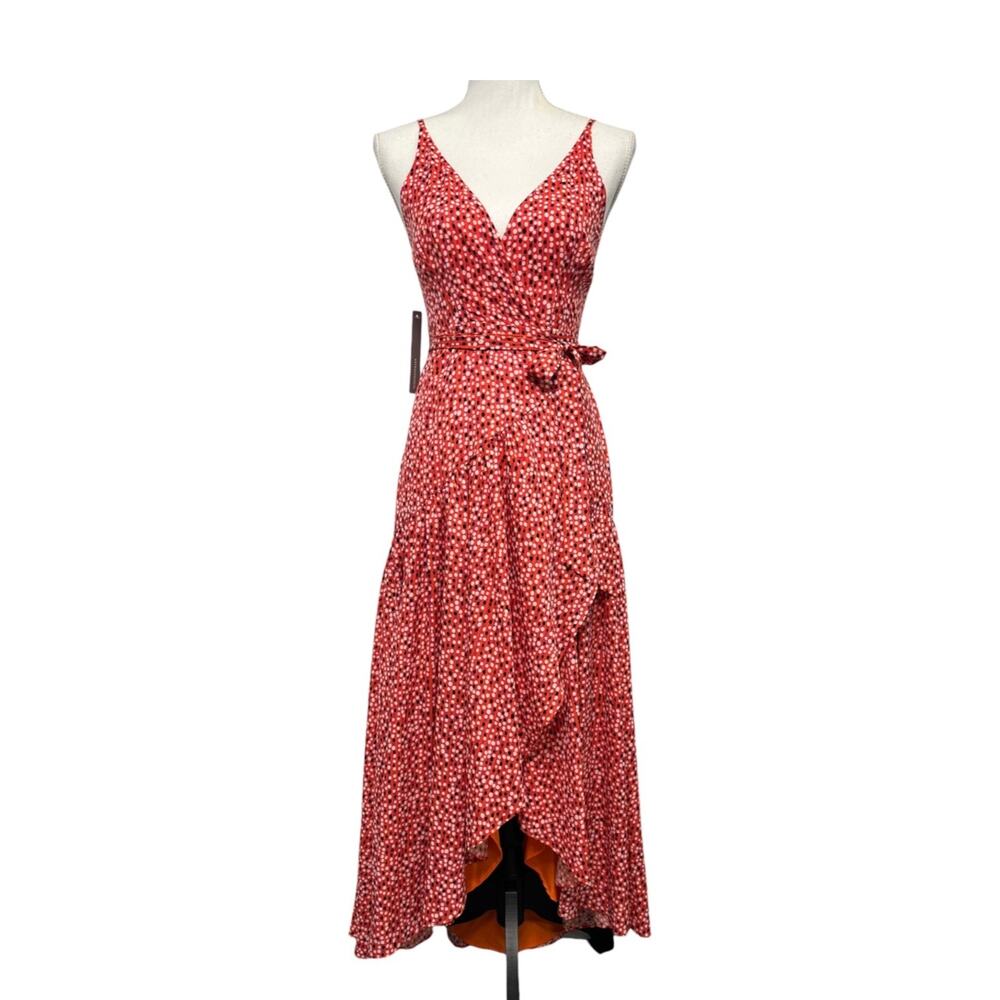 New Hutch Anthropologie Wrap Midi Dress Womens XS Red Flutter Polka Dot High Low